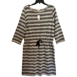 New‎ LOFT Ann Taylor Grey Striped Knit Dress Drawstring Waist Sz Large Comfort